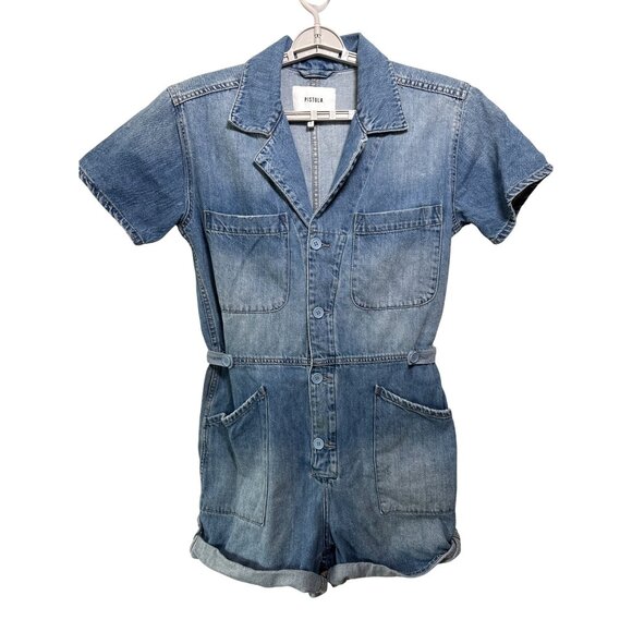 pistola Pants - Pistola Parker Denim Romper Size Medium Jumpsuit Shorts Blue Utility Field Suit